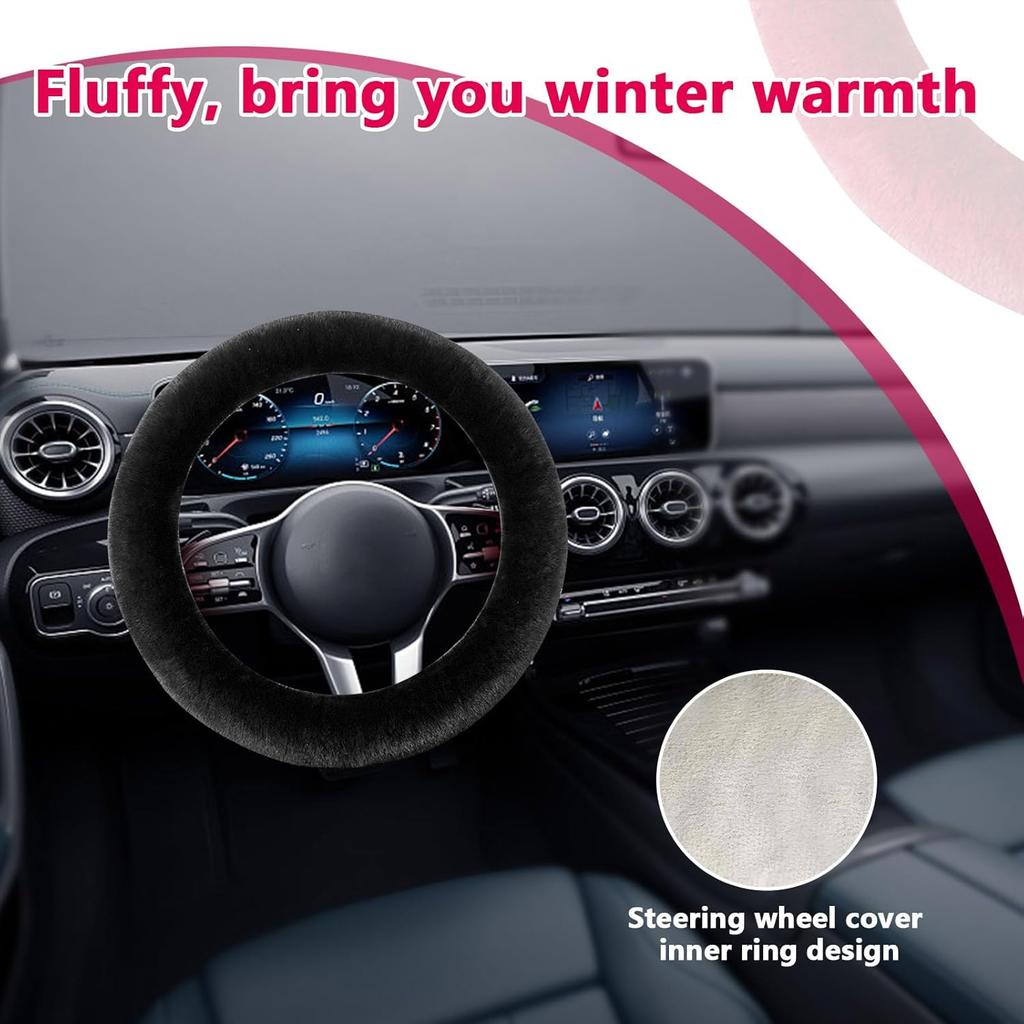 Fur Wool Sheepskin Car Steering Wheel Cover, 15 Inch Fluffy Anti-Slip Auto Steering Wheel Protector For Warm Winter, Universal Fuzzy Plush Vehicle