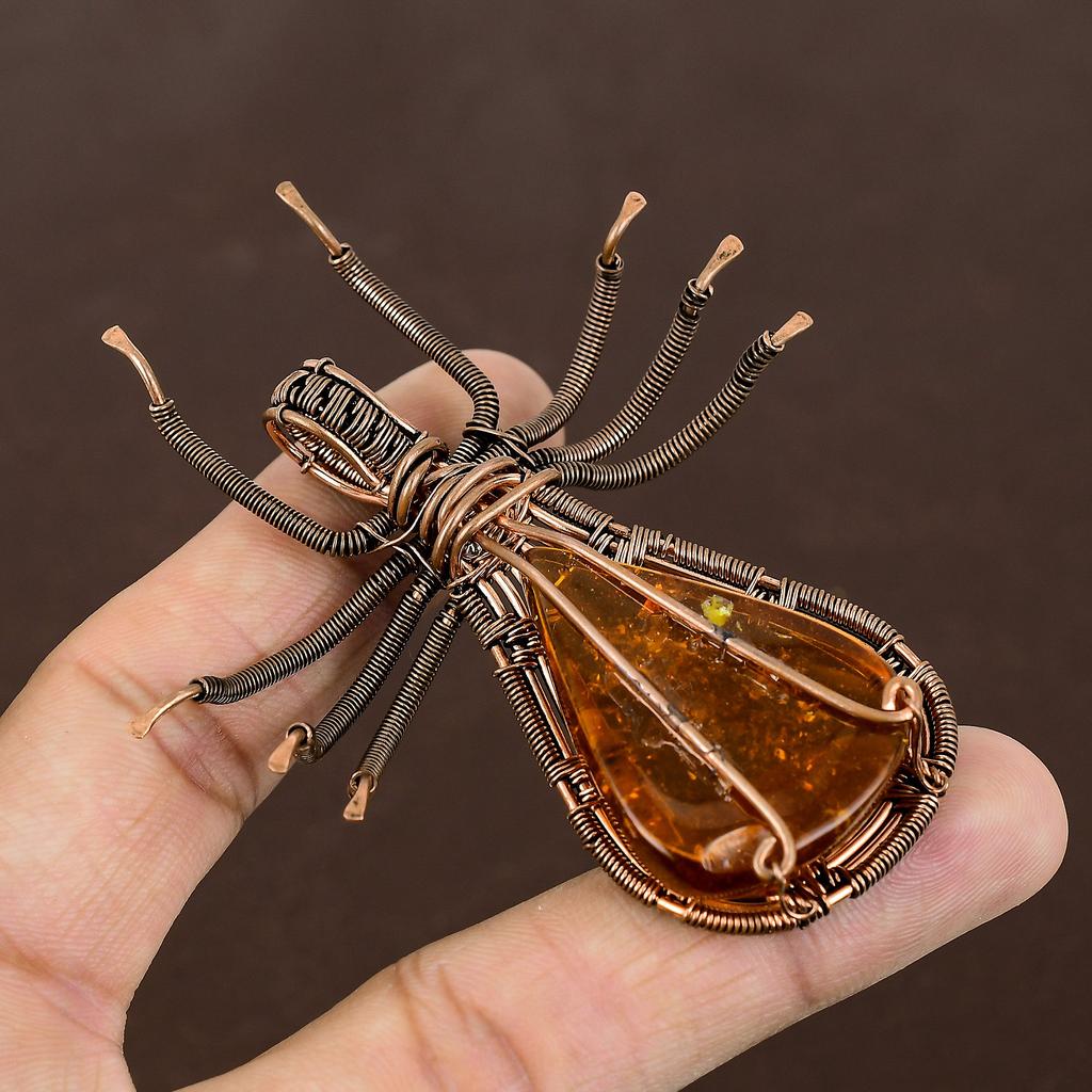 Подвеска-паук из медной проволоки ручной работы из натурального балтийского янтаря с камнем 2,56 дюйма A1H32