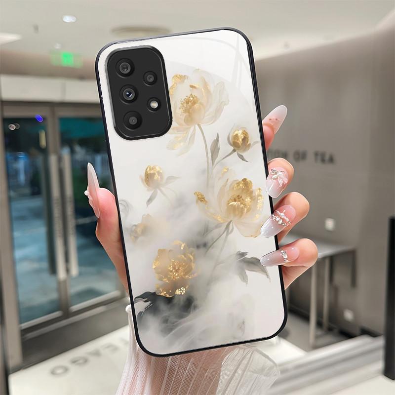 Cute Cartoon Cats Flower Case For Samsung Galaxy A52 A52S A72 4G 5G Tempered Glass Phone Case Protective Back Cover Hard Shell