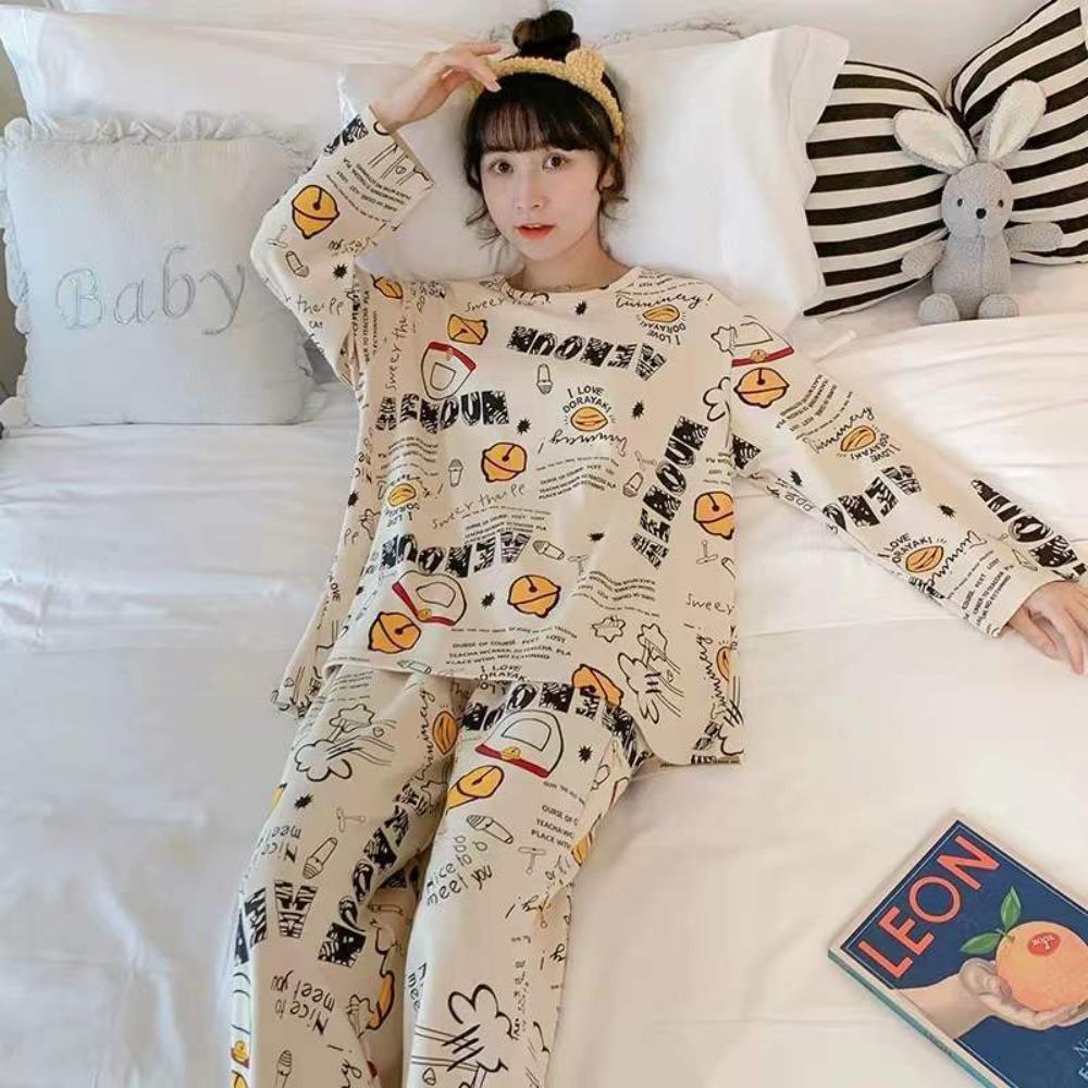 Cartoon Cute Patterned Long Sleeved Pajamas Set Female Spring Sleepwear Comfortable Cotton Round Neck Pajamas