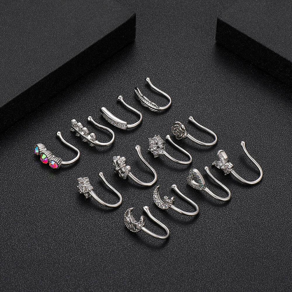 12Pcs/Set 18G Gem Non Piercing Nose Clip Fake Nose Ring Septum Cilp On Piercing