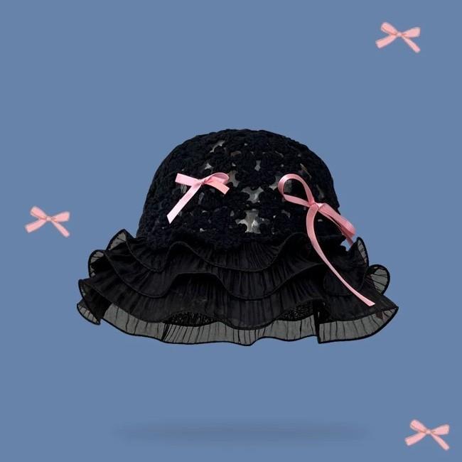 Вязаная ажурная шляпа-ведро с бантом для женщин, защита от солнца, маленькое лицо, кружевная шляпа-ведро, японская шляпа для большой головы, трендовая