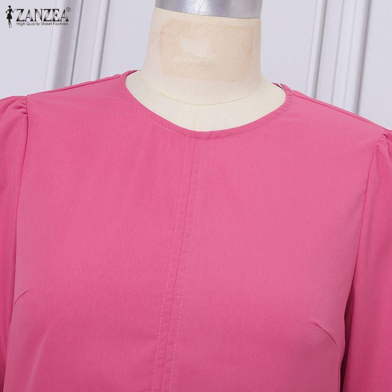 ZANZEA Женское платье с круглым вырезом, однотонное, с длинным рукавом, свободного кроя, повседневное, плиссированное, длинное