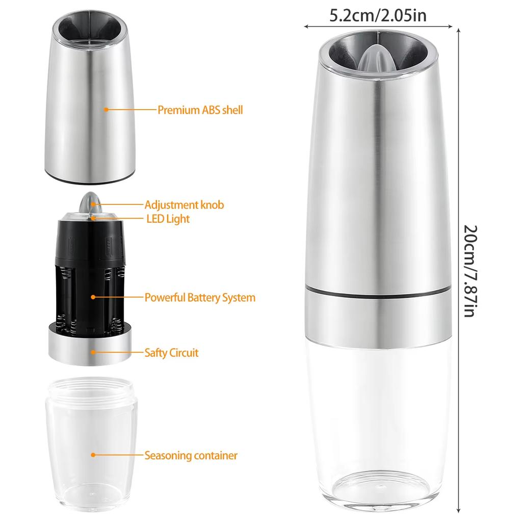 2/1pcs Electric Pepper Mill Stainless Steel Automatic Gravity Shaker Salt Pepper Grinder Set Spice Mills Kitchen Grinding Tool