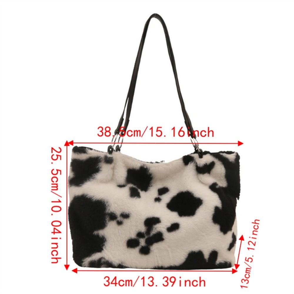 Large Capacity Plush Tote Bag Durable Underarm Bag Fashion Cow Print Shoulder Bag Winter