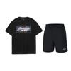 Cartoon Print Loose Short Sleeve T-Shirt Quick Dry Logo Five-Point Elastic Shorts Casual Sports Set Unisex Sets Black AHSUA23-2+YKST119-1