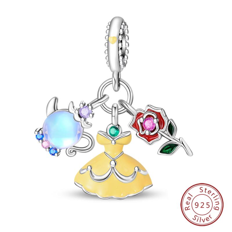 925 Silver Ocean Princess Magic Mirror Princess Rose Princess Charms Pendants Fit DIY Bracelets Party Jewelry