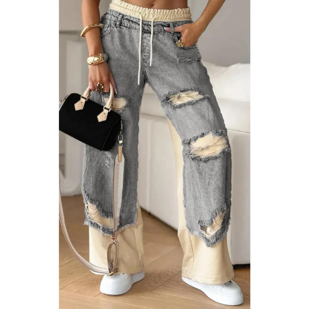 Ladies' High Waist Straight Leg Jeans - Street Style Sewing and Tearing Jeans, Regular Style Elegant Fashion Set, High Waist Jeans