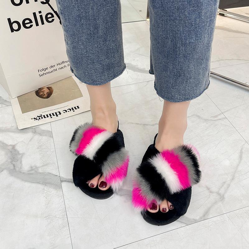 Большой размер 43 зимние новые стильные плюшевые тапочки для девочек роскошные пушистые меховые тапочки модная обувь плюшевые крестовые домашние теплые тапочки для женщин