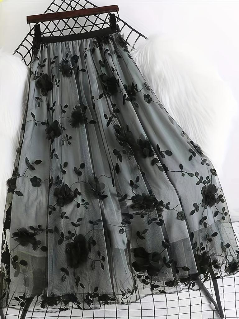 Сетчатая юбка с цветочной аппликацией, повседневная юбка с эластичной резинкой на талии, женская одежда