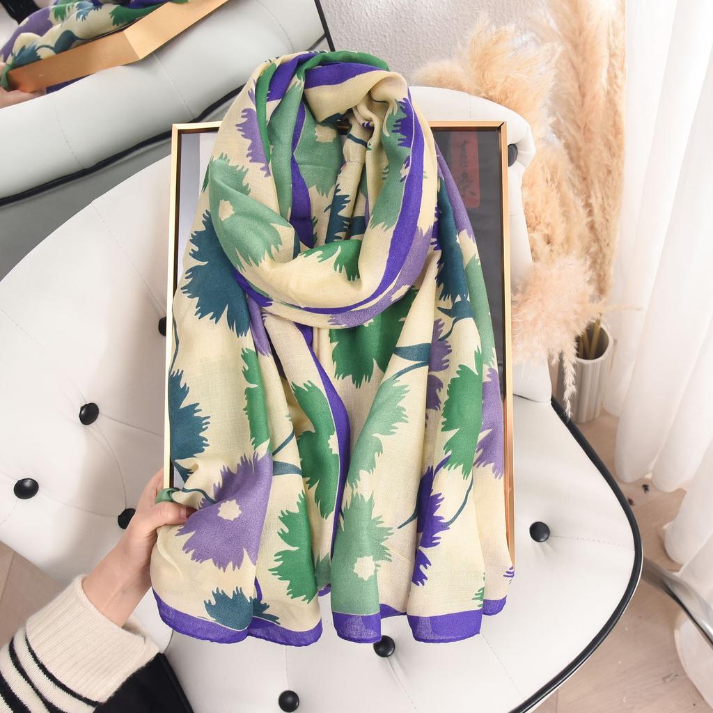 Шарф из искусственного хлопка и льна для женщин, модный весенне-летний, тонкий, пасторальный, с цветочным принтом, шелковый шарф, высококачественная шаль для темперамента