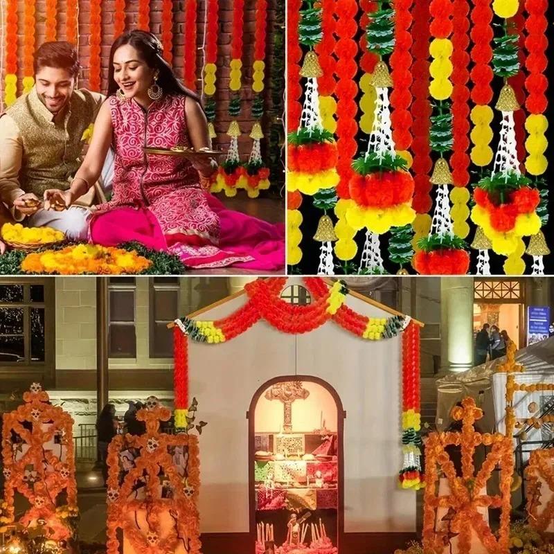 Artificial Marigold Flower Garland Plastic Wreath for Diwali Festival Mexican Day of The Dead Christmas Party Home Decoration