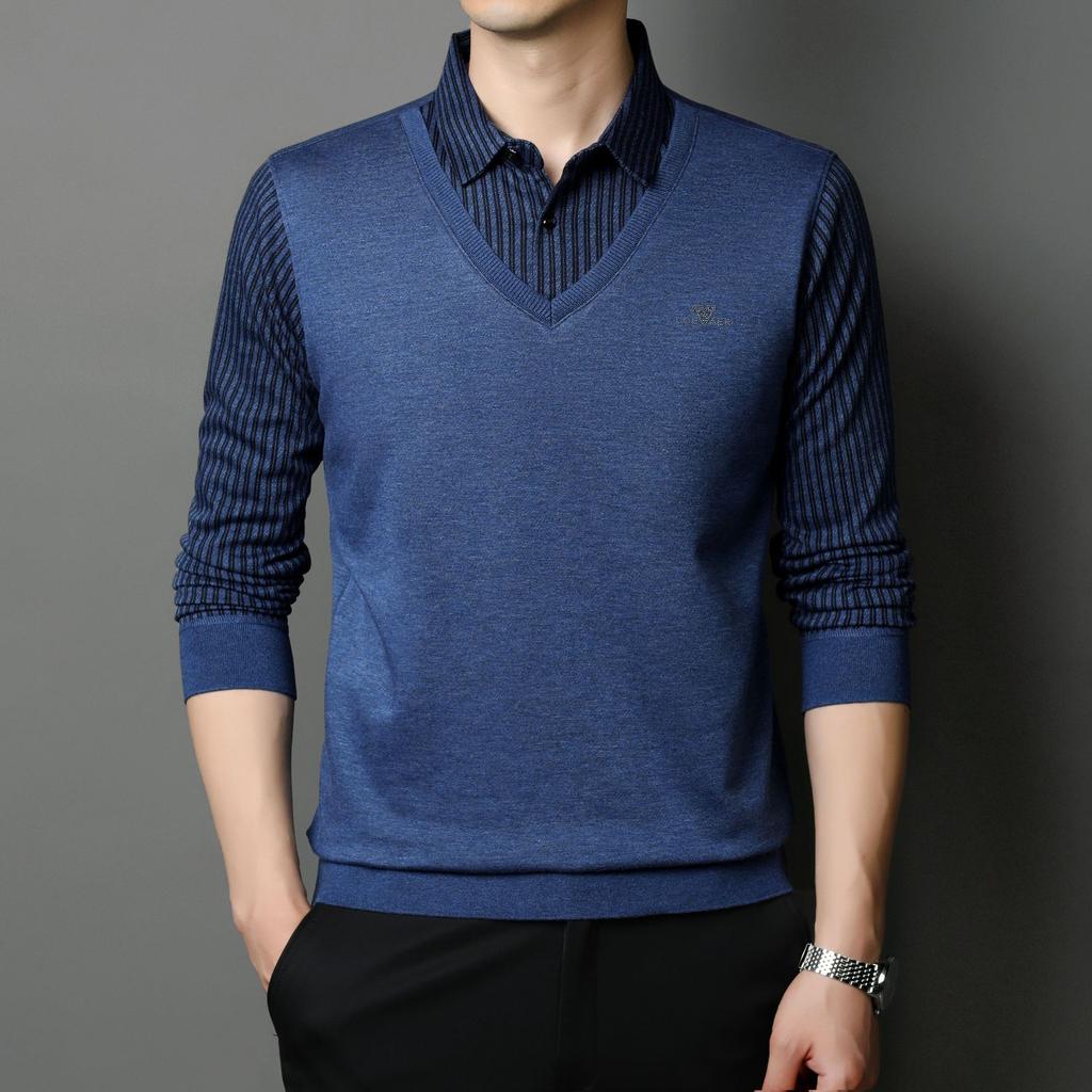 Business Casual Men's Middle-aged Fashion Pullover Men's Sweater Fake Two Pieces Autumn New Shirt Collar Sweater