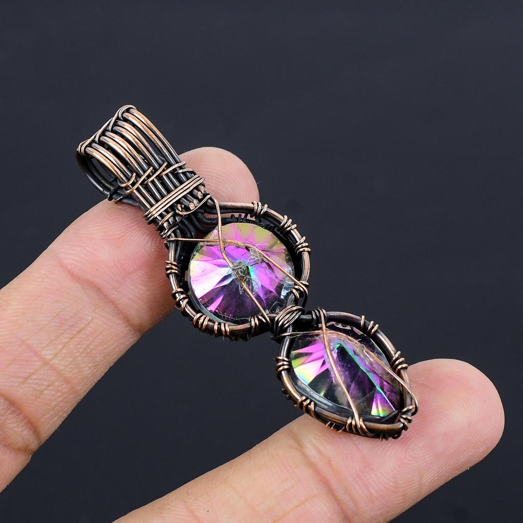 Подвеска с радужным мистическим топазом, ювелирное изделие из самоцвета, обернутое медной проволокой 999 пробы, подвеска ручной работы, на День благодарения