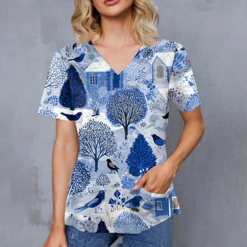 Women's Christmas Print V-Neck Double Pocket Short Sleeves Hem Slit Uniform And Caregiver Top