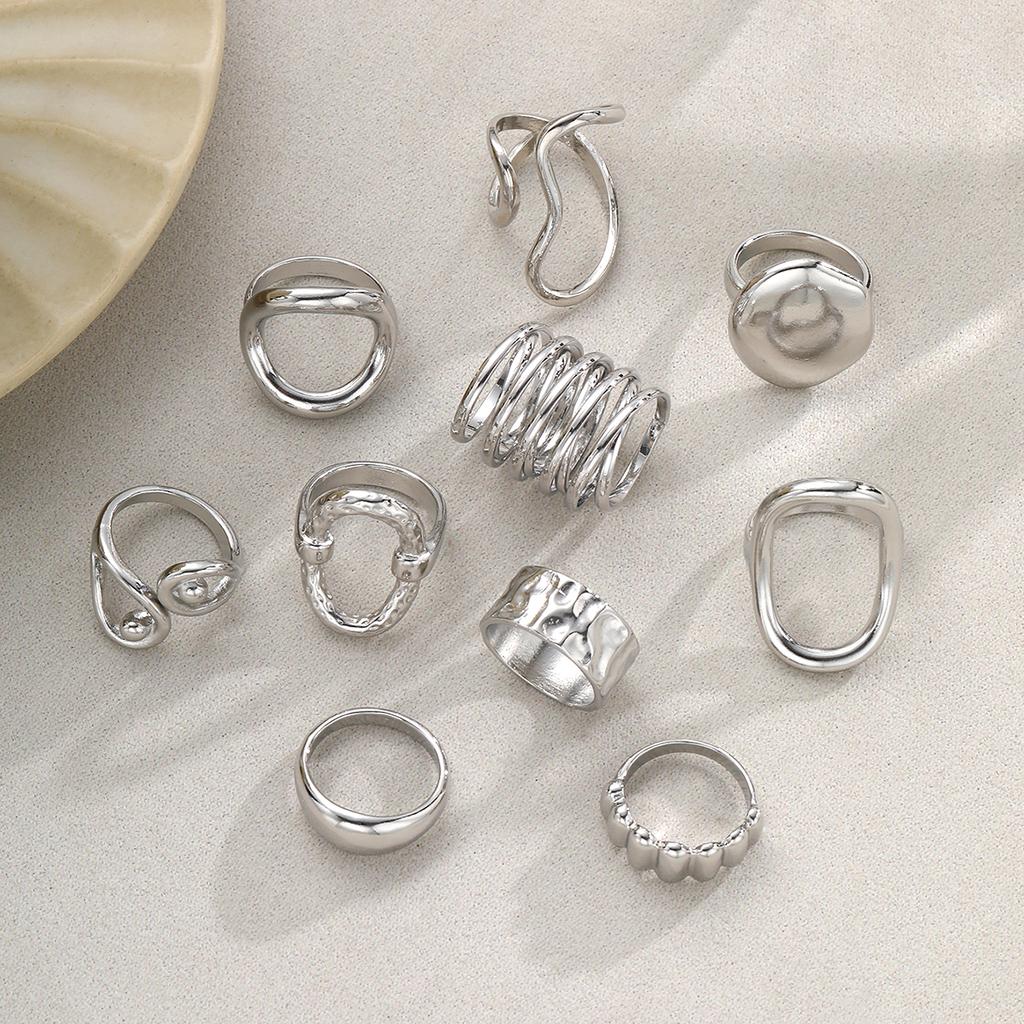 10pcs Set Vintage Old Coin Style Asymmetrical Open Ring For Women Fashion CCB Geometric Hollow Decor Rings Vacation Date Jewelry