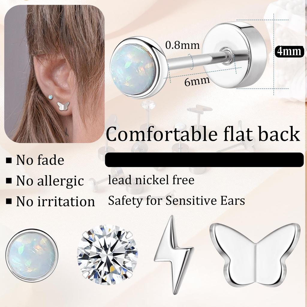 4 Pairs CZ & Opal Flat Back Earrings for Women & Men, Hypoallergenic Earrings for Sensitive Ears, Screw Back Cartilage Earrings