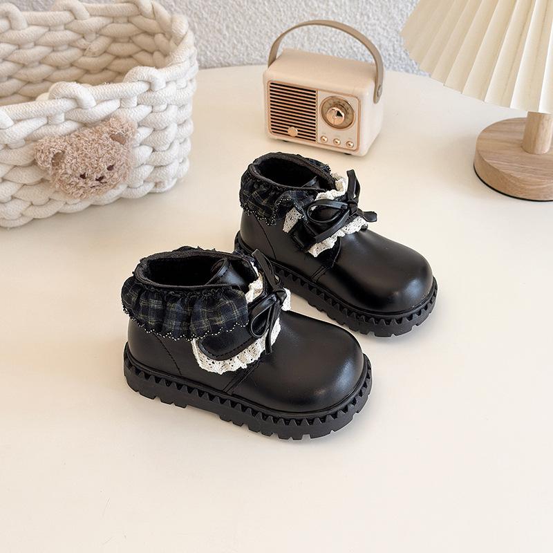Корейские ретро женские черные зимние кожаные ботинки 2025: Хлопковые короткие ботинки в стиле Лолита с бантом для малышей
