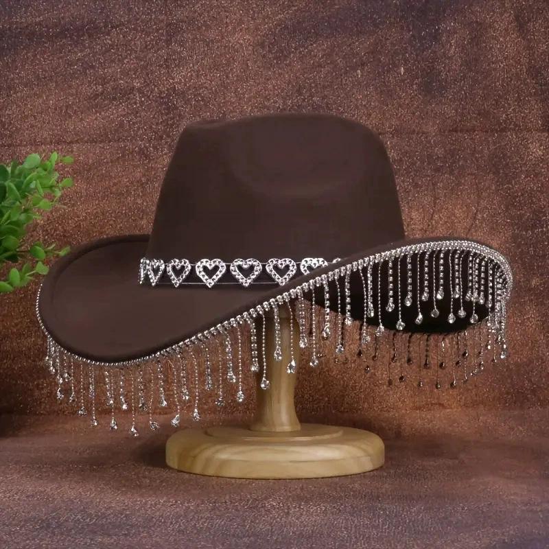 Ethnic style hat women's felt western cowboy hat big brim fringed top hat men's high-end jazz hat