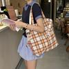 Retro Plaid Ladies Canvas Tote Handbags Large Capacity Portable Women's Shopping Bag Letter Print College Girls Shoulder Bag