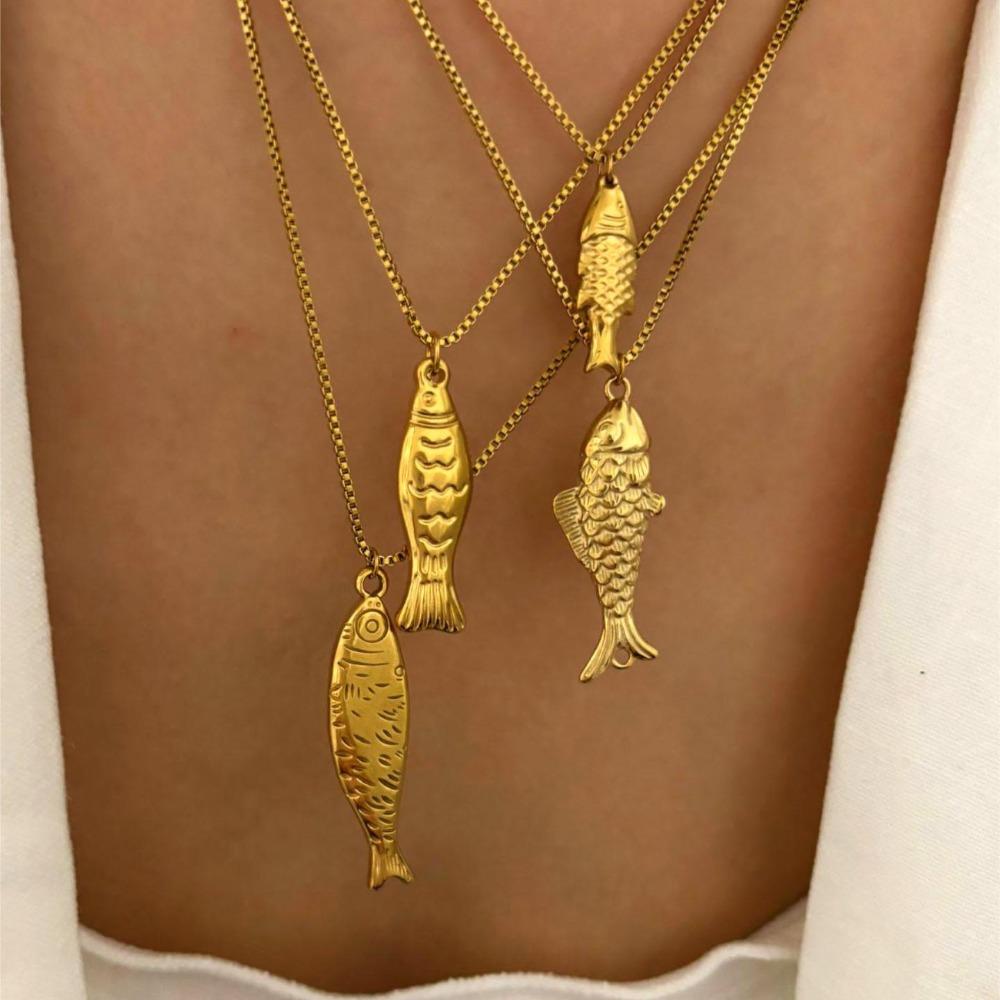 Мини-ожерелье из нержавеющей стали с рыбкой, золото, океанский стиль, пляжная цепочка-чокер, для отпуска
