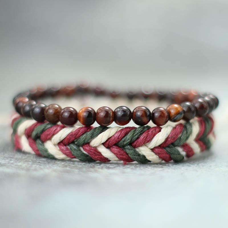 Мужской браслет из 2 шт., браслет из натурального дерева, браслет ручной работы из ткани макраме, вулканическая порода, тигровые глаза, камень, браслет из бисера