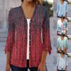 Ladies Casual Floral Printed Three Quarter Sleeve Button Shirt Cardigan Top