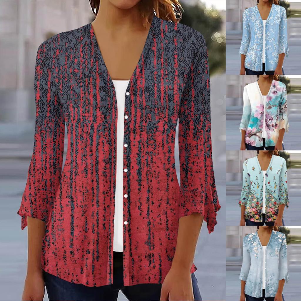 Ladies Casual Floral Printed Three Quarter Sleeve Button Shirt Cardigan Top