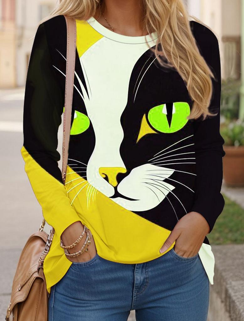 Women's T Shirts 3D Print Art Design Cat Pattern Long Sleeve Daily Weekend Fashion Funny Round Neck Regular Fit Spring & Fall