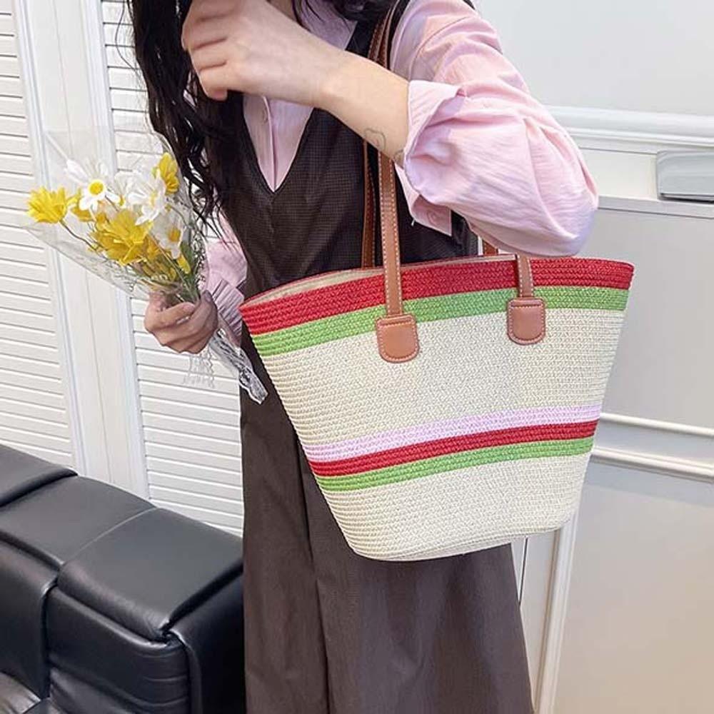 Large Capacity Shopping Straw Bag Polyester Summer Beach Handbag Stripe Woven Tote Bag Female