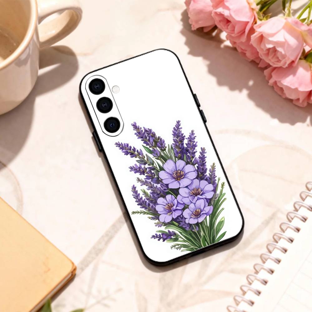 L-Лаванда P-Фиолетовый F-Цветы Чехол для телефона Для Samsung Galaxy A73,A72,A71,A70,A53,A52,A51,Другие Мягкий черный корпус