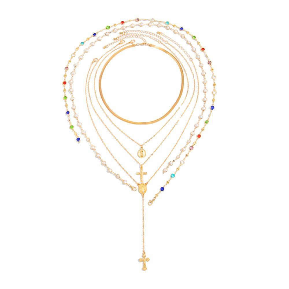 Cross Colorful Crystal Necklace Set Y-Shaped Beads Chain Choker Sea Beach Jewelry