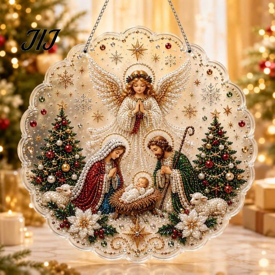 Religious Nativity Crafts Christmas Faux Pearl Painting Suncatcher Kit, 3D Nativity/Santa Claus/Bird/Tree Holiday Window Hanging Decor Beads
