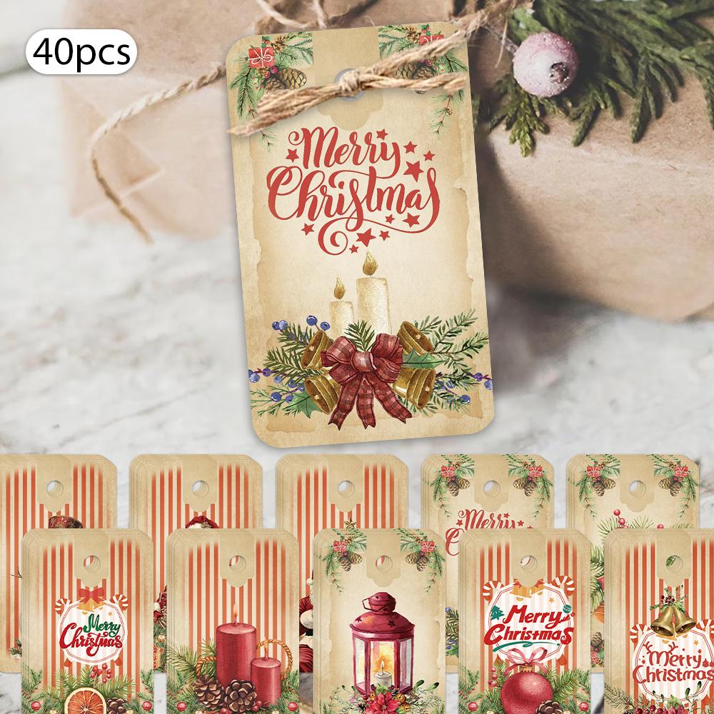 40pcs, Christmas tags, gift labels, party decorations, DIY, packaging embellishments, greeting cards, party cards, jute twine