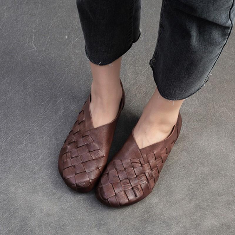 Johnature Ретро-лоферы ручной работы из натуральной кожи с мягкой подошвой, женские туфли без застежек на низком каблуке