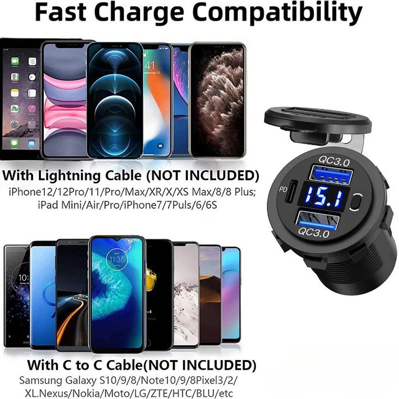 60 Вт PD Dual QC 3.0 USB зарядное устройство с цифровым вольтметром переключатель розетка адаптер питания водонепроницаемый 12 В 24 В автомобиль грузовик мотоцикл