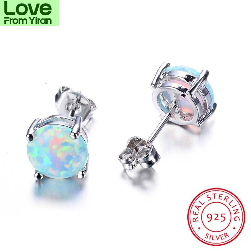 Blaike 100 %925 Sterling Silver White Fire Opal Stud Earrings For Women Fine Jewelry 8mm Round Stone Studs Birthstone Earrings