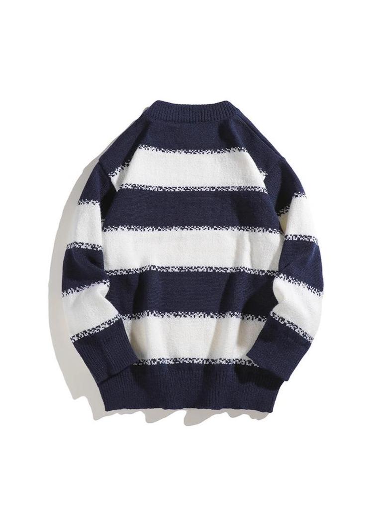 2025 Men's Japanese Casual Striped Knit Pullover - Autumn/Winter Loose Fit, Long Sleeve, Round Neck.