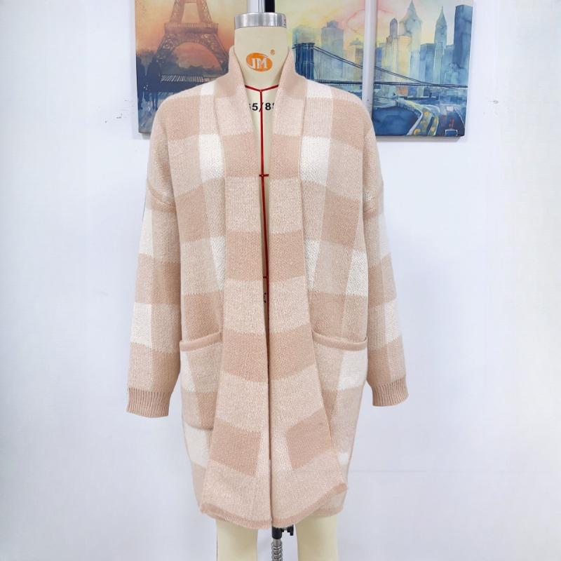 IHUASU Women's Jacket Loose Plaid Colour Block Knit Cardigan Fashion Sweater