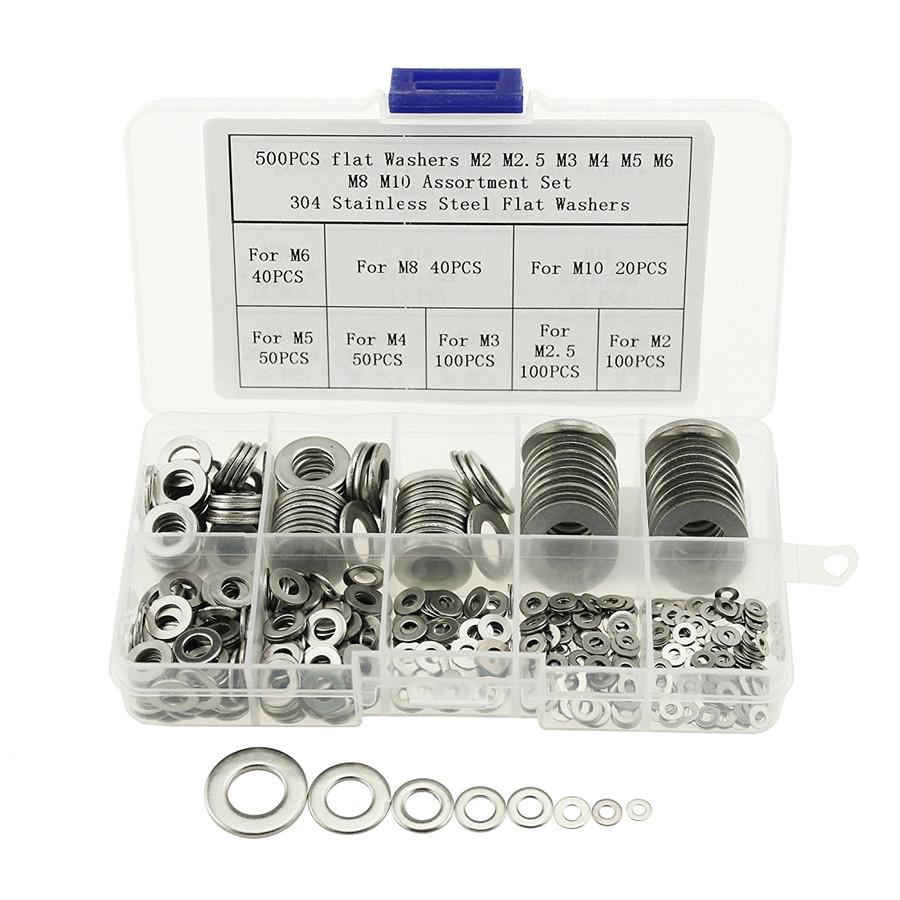 500X Stainless Steel Flat Washers Kit For M2 M2.5 M3 M4 M5 M6 M8 M10 Screws Bolt