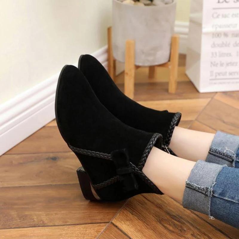 2024 Autumn Winter Women's PU Short Boots Ladies Fashion Bow Side Zipper Middle Warm Casual Elegant Suede Ankle Boots Plus Size
