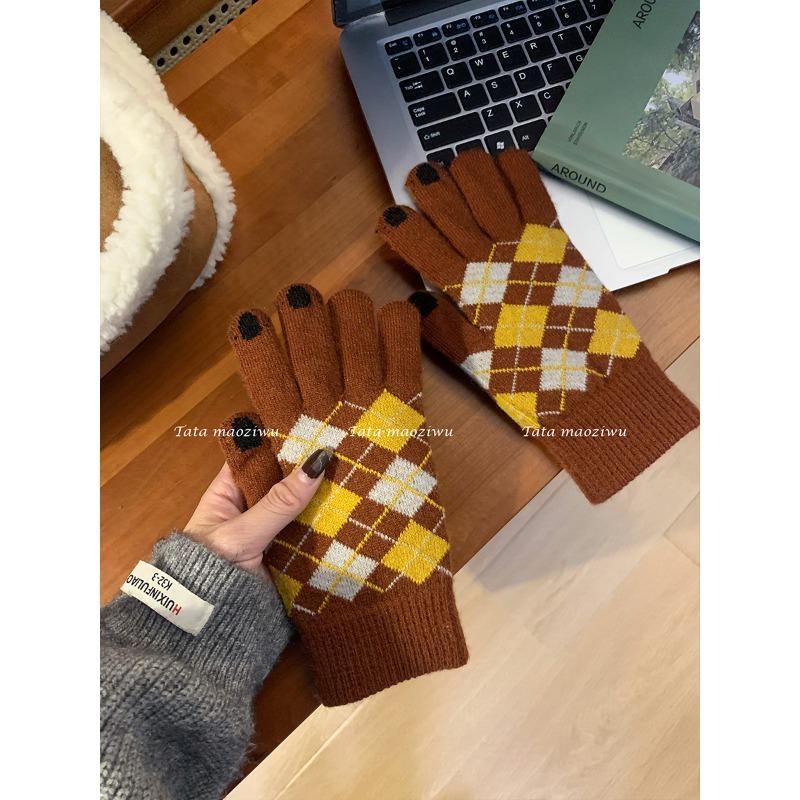 Теплые перчатки для женщин на зиму, шерстяные вязаные, цветные блоки, ромбовидный узор, ветрозащитные, с плюшевой подкладкой, пятипалые, студенческие, для верховой езды, с сенсорным экраном