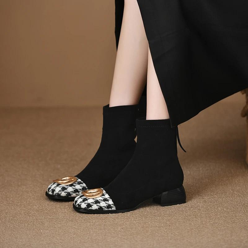 Мода 2024 года, осень и зима, новые женские сапоги с квадратным носком и толстым каблуком, металлической пряжкой, толстый каблук, молния сзади, подходящие по цвету модные сапоги