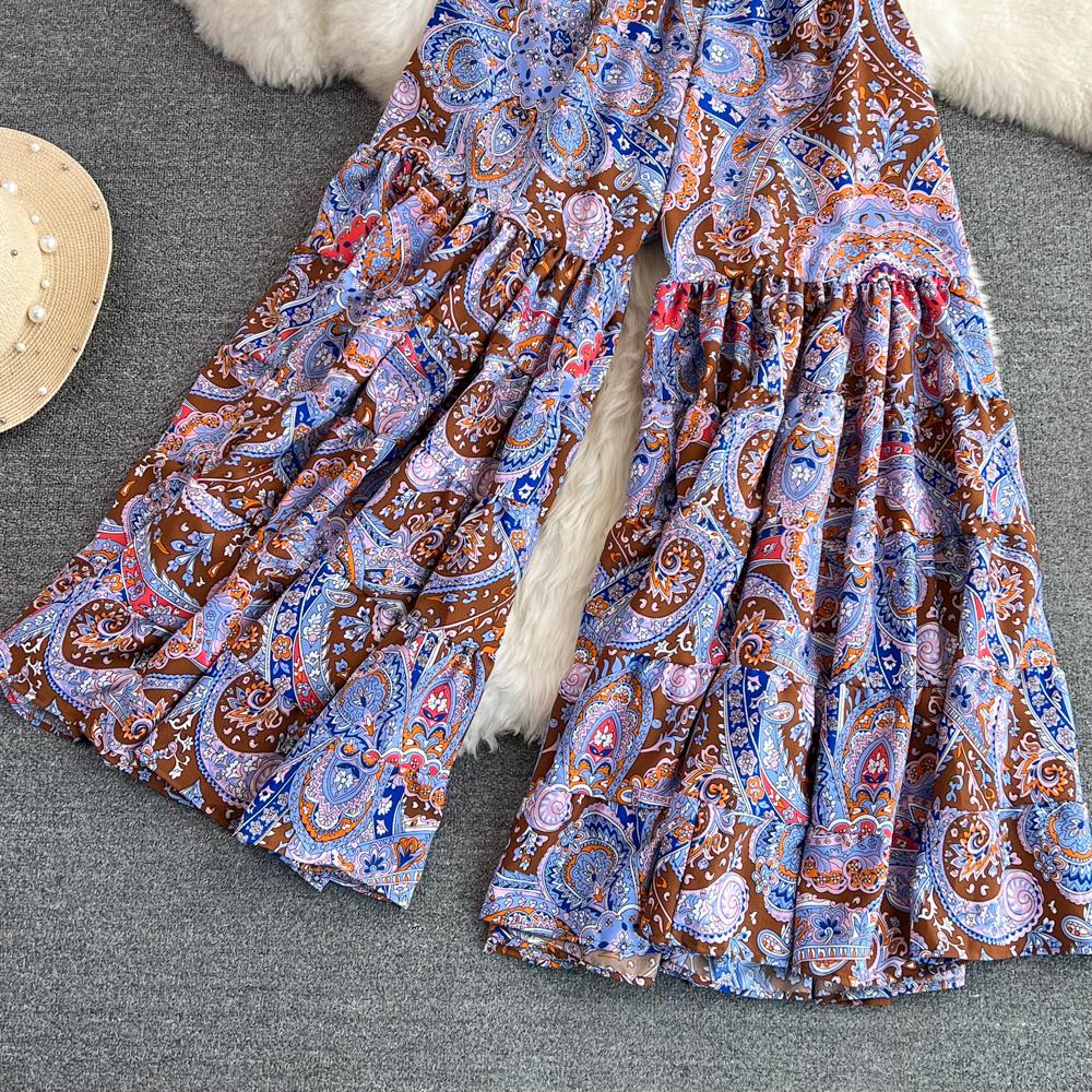 Summer Bohemian Vacation Beach Pants Elegant High Elastic Waist Wide Leg Printed Trouser Casual Flare Fladas New Fashion