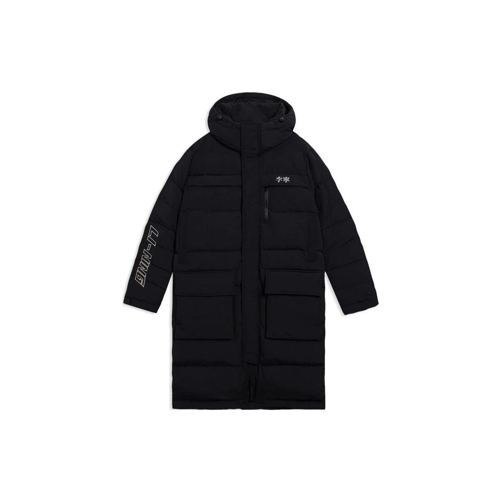 Li-Ning Серия Sports Lifestyle, длинный пуховик на молнии с однотонным принтом и логотипом, мужская верхняя одежда, черный AYMS065-2