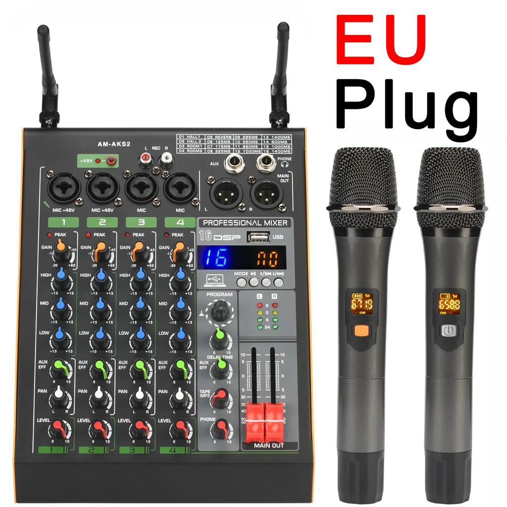 4 Channel Mixing Console with 2 UHF Wireless Microphone Bluetooth 16 DSP USB Computer Record PC Sound Audio Mixer AM-AKS2