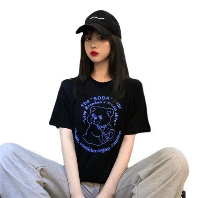 Harajuku printed black short-sleeved t-shirt women's new loose Korean version round neck student Hong Kong style top