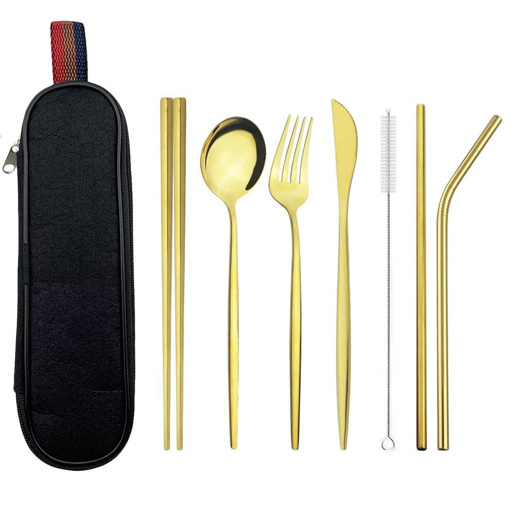 Серебряный набор столовой посуды, дорожный набор столовых приборов, многоразовое серебро, соломенные ложки, вилки, палочки для еды, кухонные аксессуары с сумкой