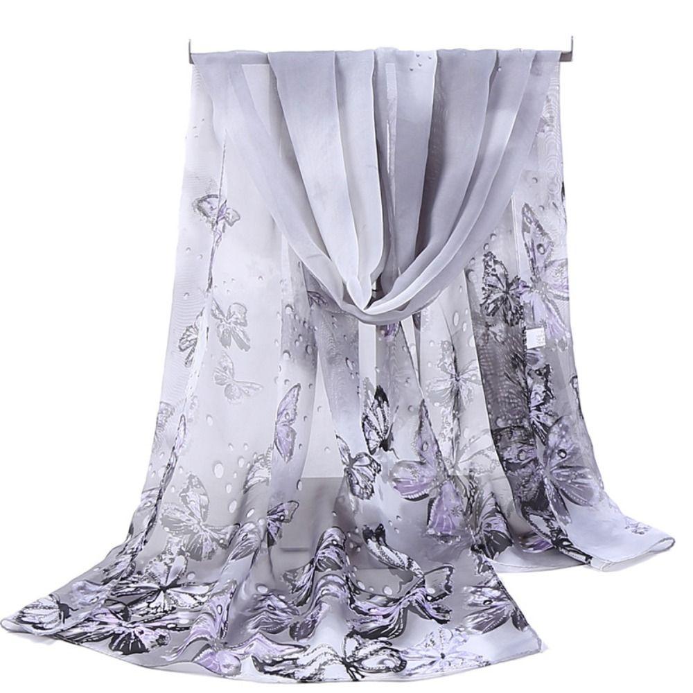 Sunscreen Long Wrap Shawl Butterfly Print Beach Gauze Scarf Elegant Shawl Silk for Women