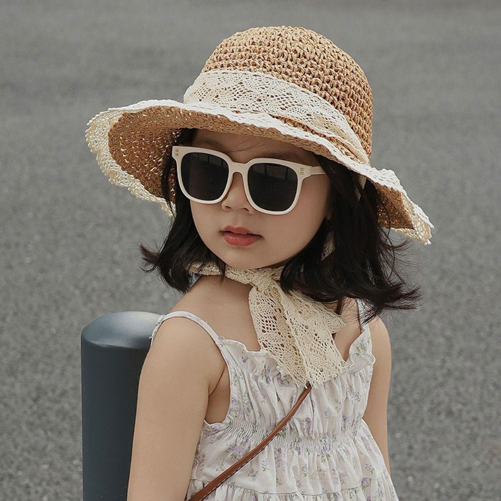 Lace Up Children Straw Sun Hat Korean Style Children's Visor Hat Cute Cartoon Sunshade Hat Girls